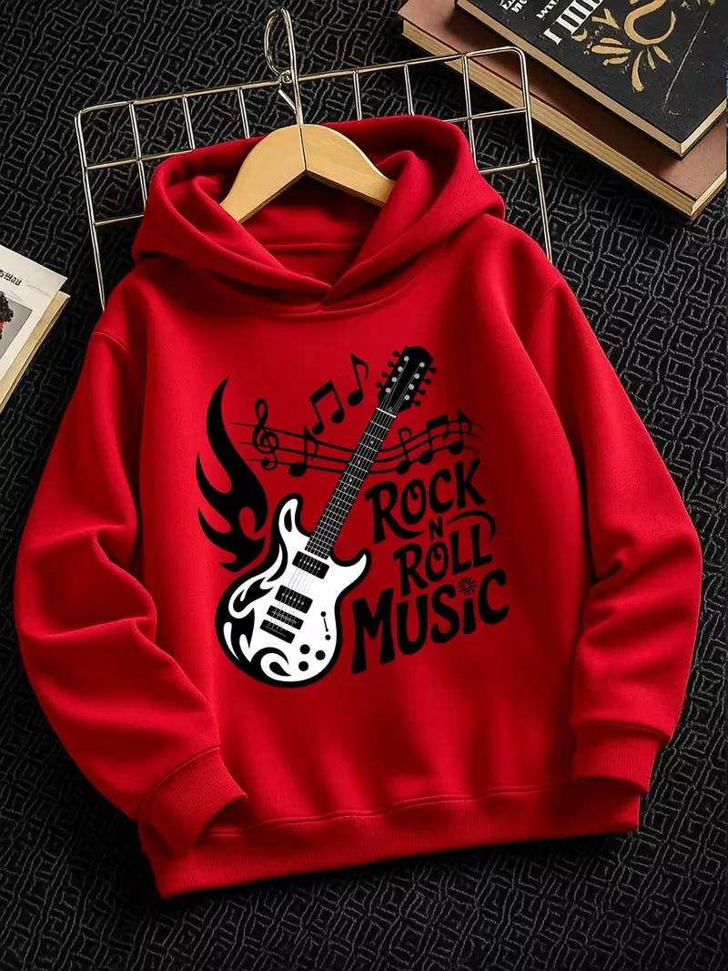 ROCK ROLL MUSIC letter printed children's autumn and winter fashionable casual hoodie, suitable for outdoor activities