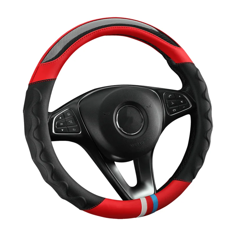 

2023 Fashion Car Steering Wheel Cover Breathable Anti Slip Carbon Fiber Leather Steering CoversAuto Decoration 37-38cm Universal