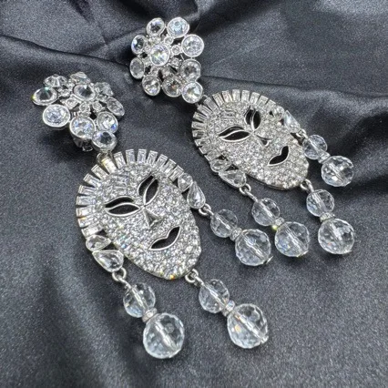 Silver Tone Mask Dangle Earrings Women Pave Crystal Bead Tassel Exaggerated Ins Evening Party Statement Jewelry
