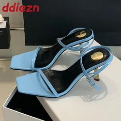 Footwear Square Toe Fashion Pumps Women Medium Heels Shoes Ankle Buckle Strap Female Shallow Ladies Thin Metal Heels Shoes