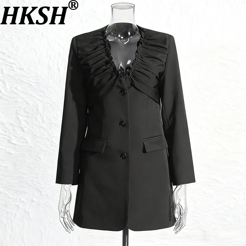 

HKSH Spring Autumn New Women Blazer Pleated V-neck Single Breasted Solid Color Elegant Fashion Office Lady Trendy Jacket HK12484