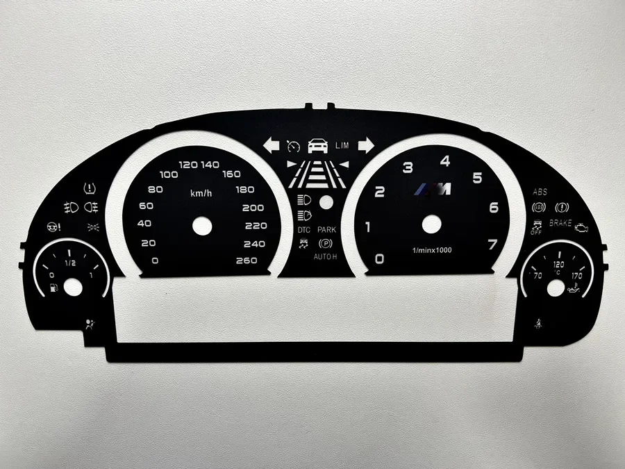 

For BMW F01 F06 F07 F08 F10 F18 F11 F12 F13 DASHBOARD Dials Gauge Faces overlay with Illuminated Logo 260kmh 330kmh 7000RPM