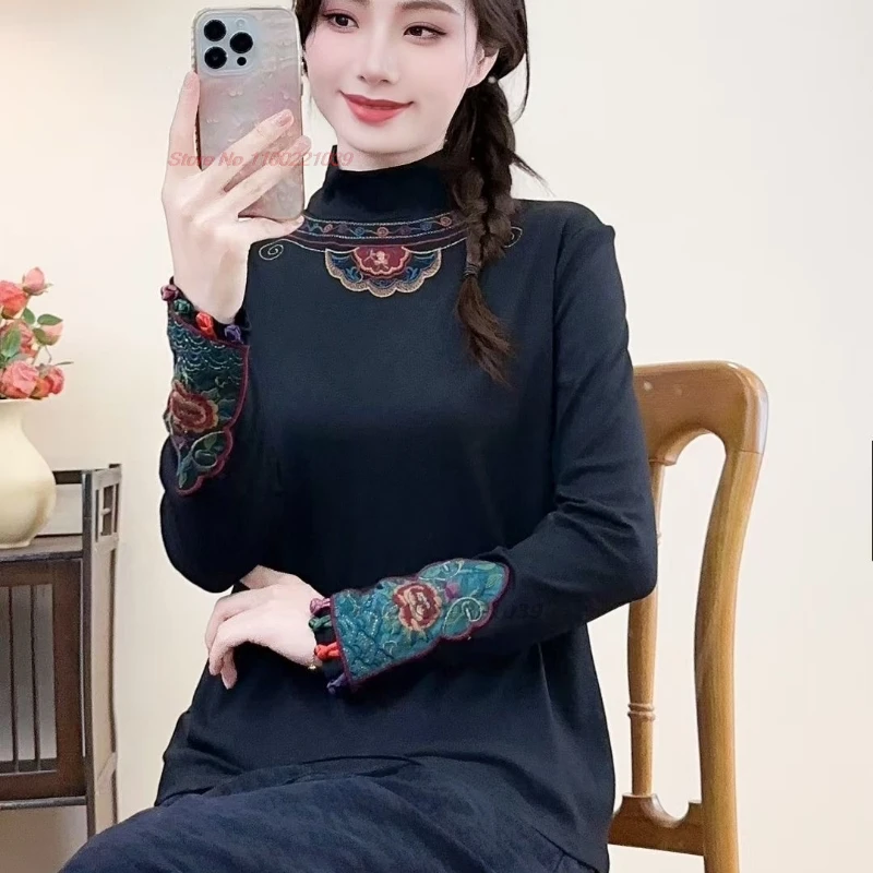 

2025 national flower embroidery ethnic stand collar shirt traditional folk base shirt vintage hanfu top chinese vintage t-shirt