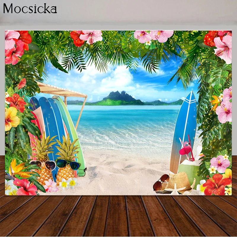 Фон для фотосъемки с изображением летнего пляжа, неба, океана, тропических цветов, пальмовых листьев, доски для серфинга, праздничный декор, баннер для фотосъемки