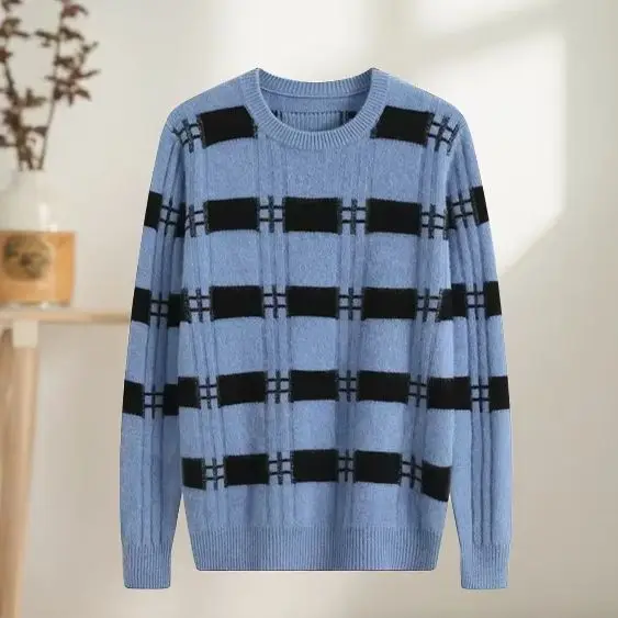 Autumn and winter men's pure cashmere round neck color matching geometric pattern sweater thickened warm loose Joker sweater.