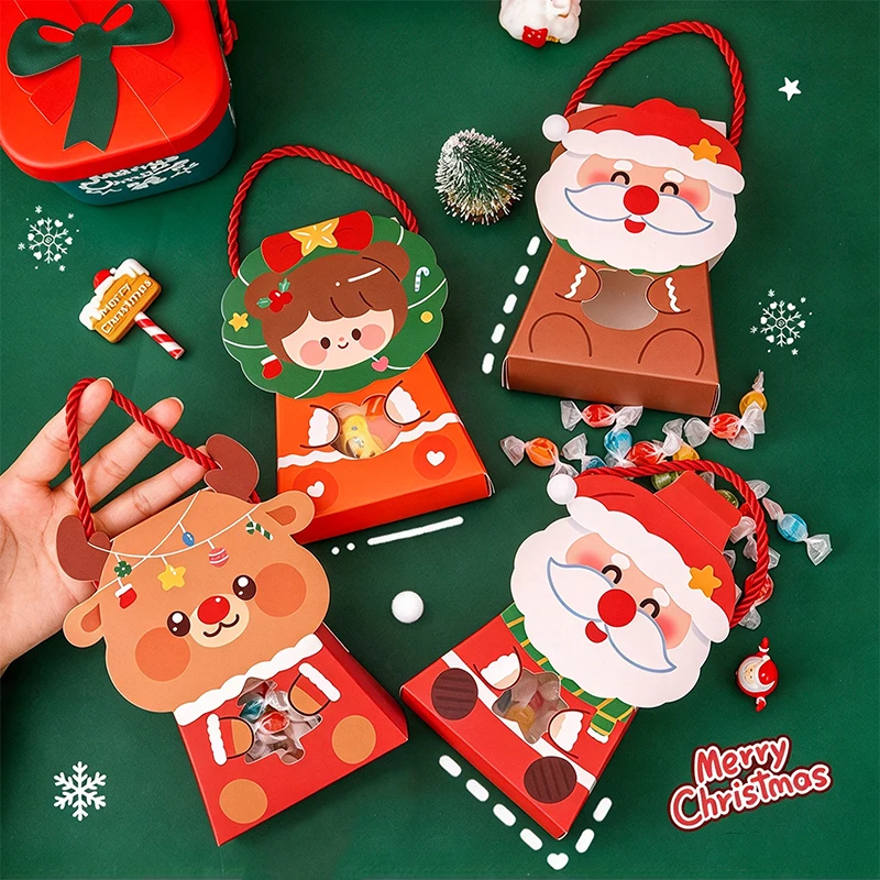 Christmas Candy Gift Boxes with Handle Cute Santa Reindeer Storage Bag Portable Xmas Cookie Goodie Bags for Holiday Party Favors