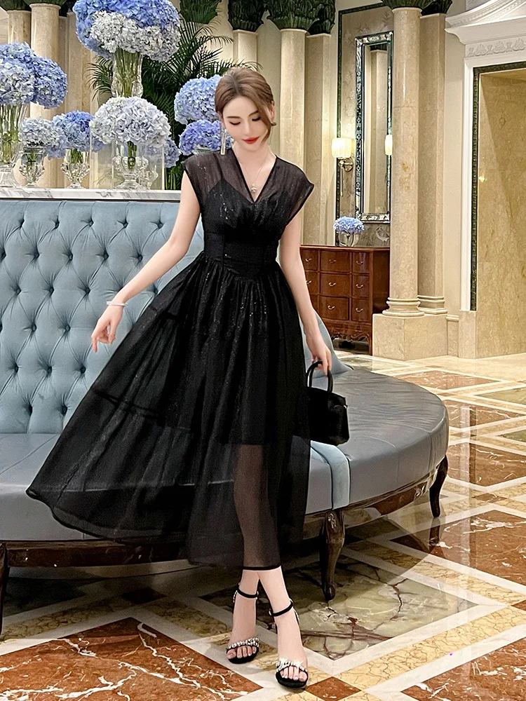 

Coigarsam Dress Women Summer New Office Lady French Style Solid Zipper High Waist V-Neck Black Dresses