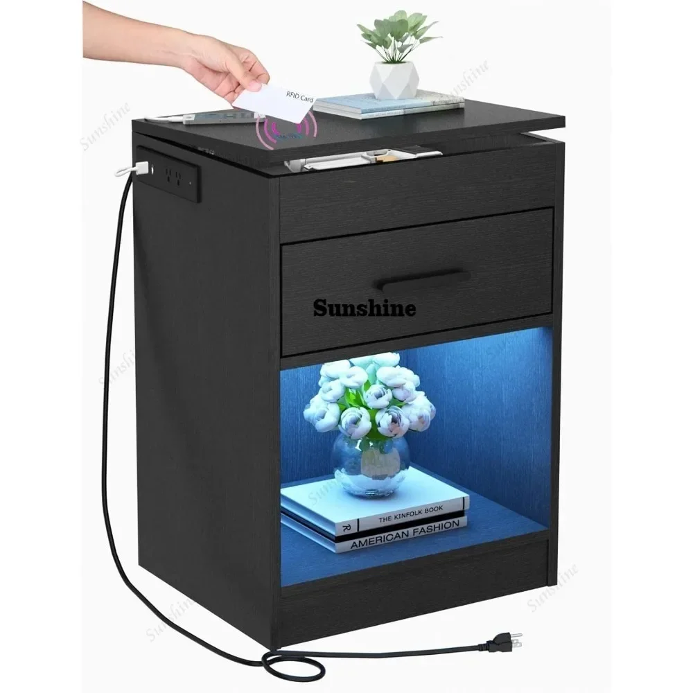 Nightstand With Charging Station, Led Lights Concealment Furniture Design, Rfid Lock Cabinet Power Outlets T*