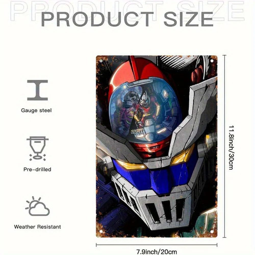 Mazinger Z Retro Mecha Robot Iron Wall Art Waterproof and Dustproof Aluminum Sign, Suitable for Home Decoration, Cafes, and Anime Fans
