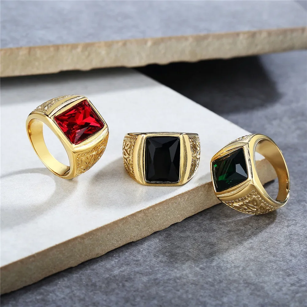 

Never Fade Fashion Big Blue Black Red Stone Rings for Men Women Punk Pattern Stainless Steel Ring Jewelry Gifts Dropshipping