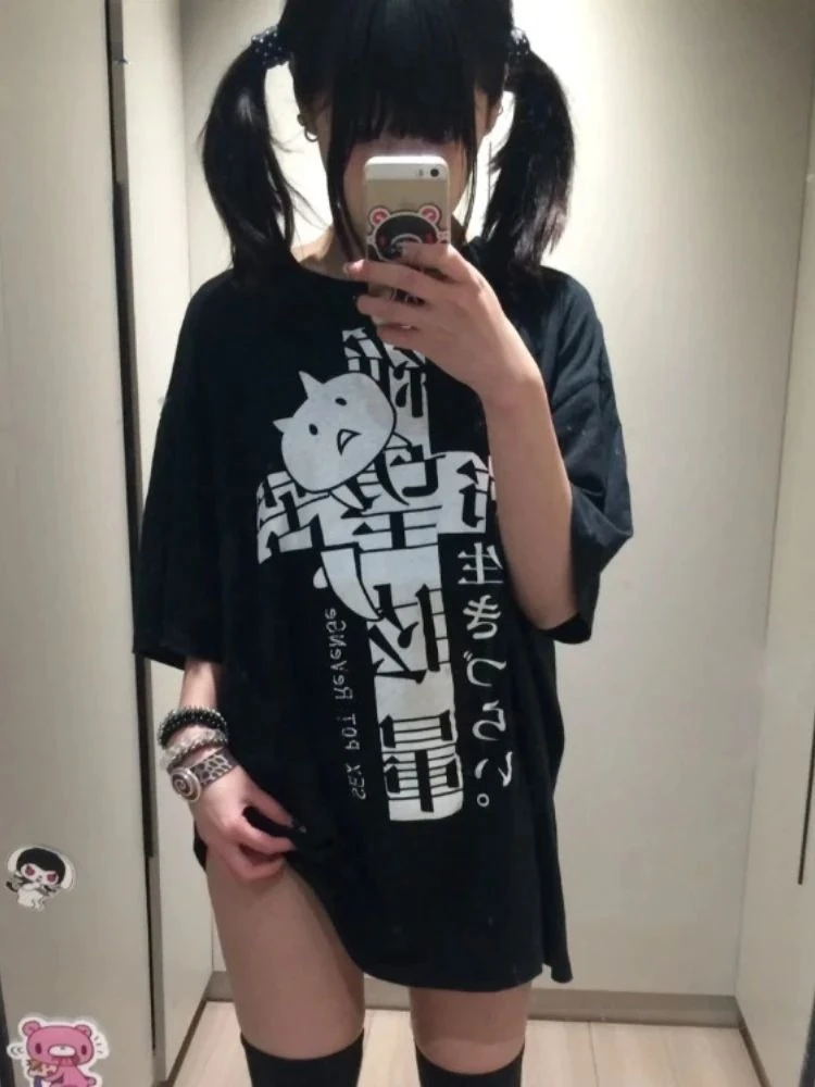 Harajuku Y2k Clothing Arcane Short Sleeve Black Tops Cool Cute Subculture Round Neck T Shirt 2000s Goth Punk Japanese Tees Tops
