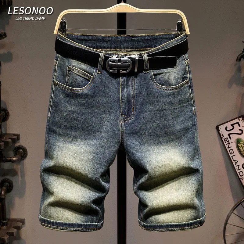 

Summer New Fashion Trend Solid Color Straight Tube Retro Jeans Men's Casual Loose Sports High-Quality Elastic Shorts 28-36