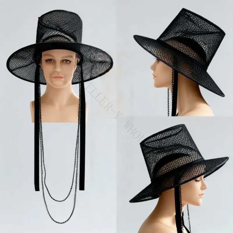 R7UF Open Mesh Party Joseon Hat in Black for Costume Outfit Styling, Stage Use, Photo Looks and Joseon Wear Appeal