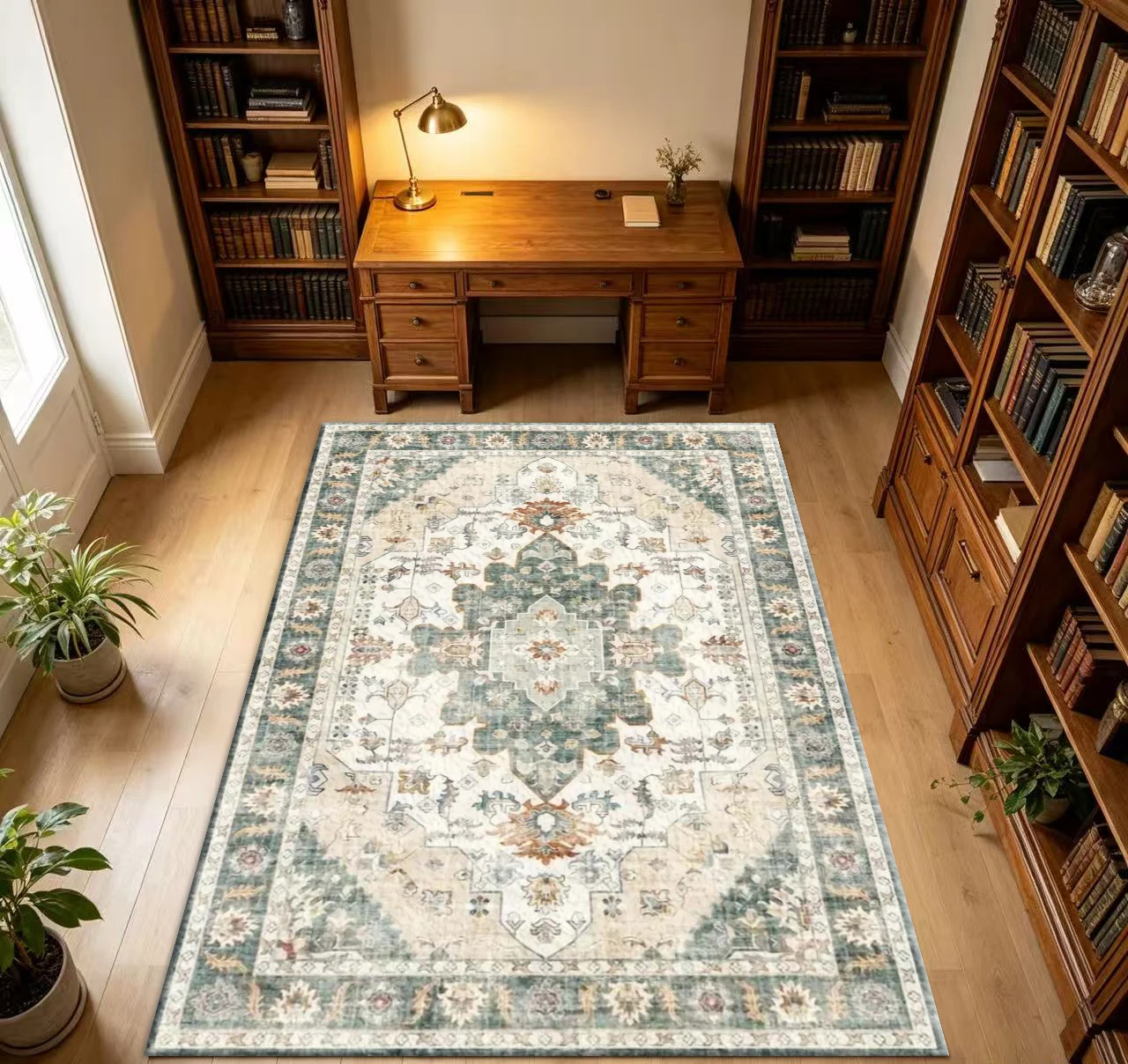 Vintage Distressed Oushak Style Area Rug Oriental Medallion Floral Floor Carpet for Living Room Bedroom Study Home Decor