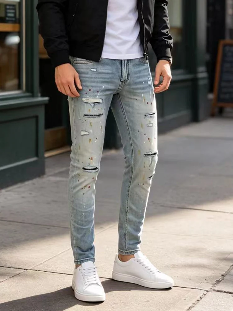 Men Light Blue Vintage Washed Ripped Splash Ink Stretch Slim Skinny Jeans Streetwear Hip Hop Denim Jeans