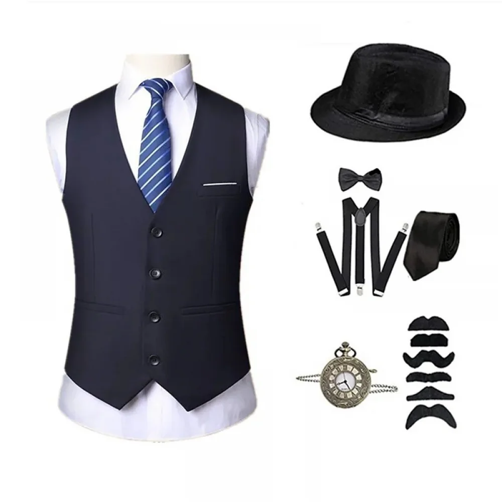 Fato gangster retrô masculino, conjunto de acessórios, gravata, chapéu, colete, vitoriano, colete vintage fino, roupas de festa de Halloween, década de 1920