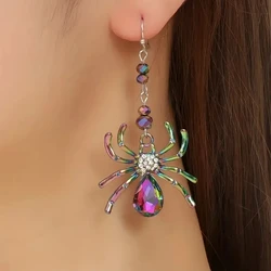 Colorful Spider Design Shiny Artificial Crystal Inlaid Dangle Earrings Party Punk Style Silver Color Jewelry Halloween Earrings