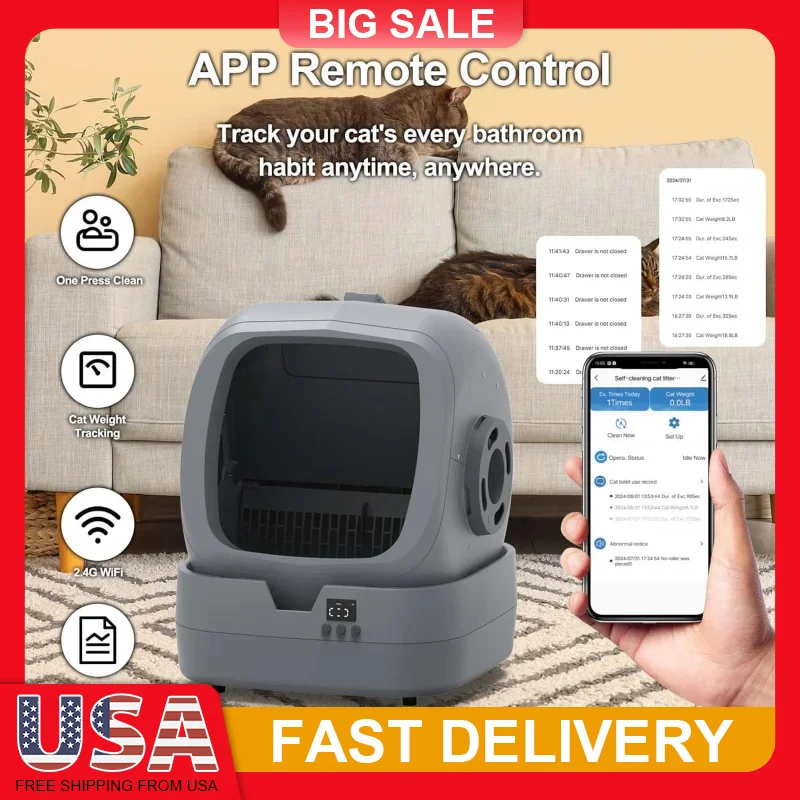 

Automatic Self Cleaning Cat Litter Box 86L APP Control Smart Health Monitor Ultra Quiet Anti Pinch Safe for Cats WiFi Bluetooth