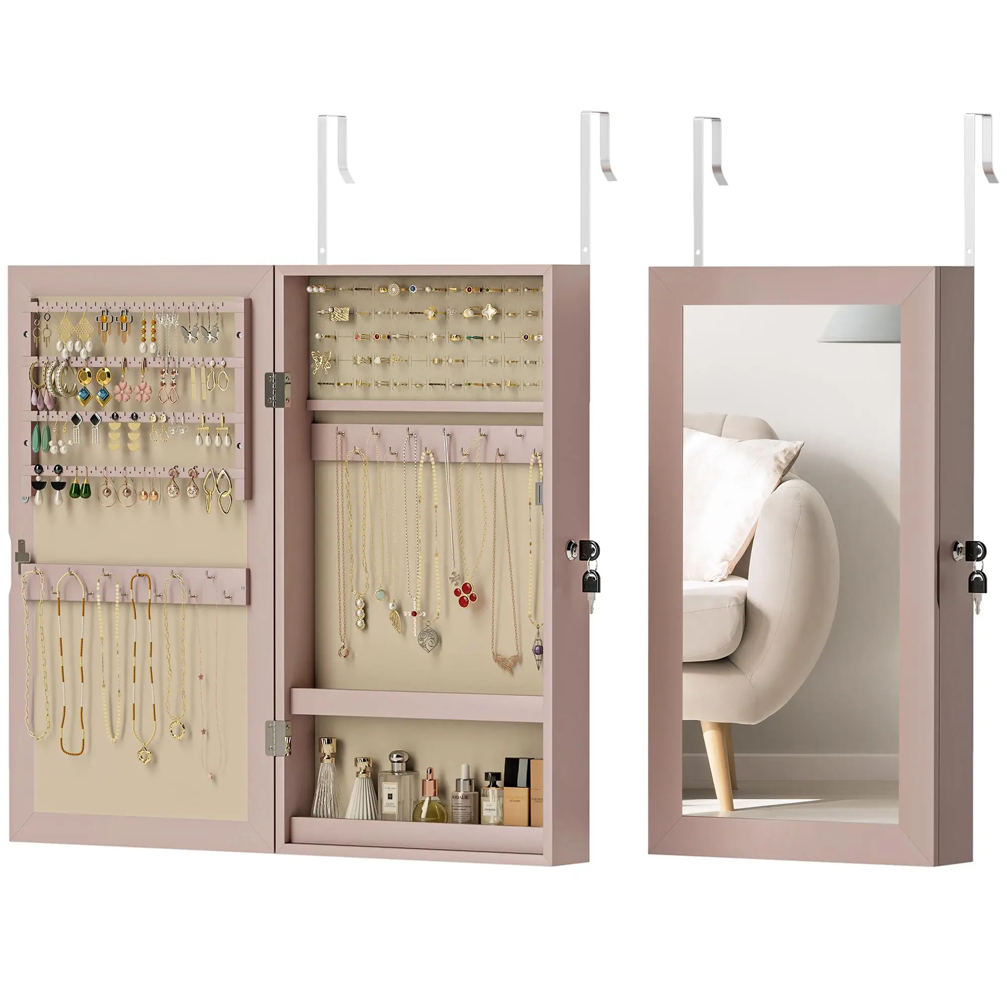 Plateau à bijoux avec compartiments en feutre rose pour ranger les bagues, les bracelets et les montres dans la boîte de rangement du salon