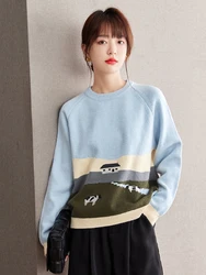 Autumn Winter Fashion Jacquard Pattern Pullover Sweater Casual Round Neck Contrast Color Pullover Knitted Tops