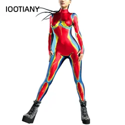 IOOTIANY Colorful Zentai Bodysuit Thumb Sleeves Cosplay Costume Front Zipper Jumpsuit Burning Man Festival Outfit for Woman