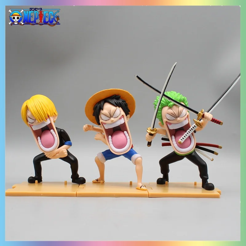 3pcs One Piece Figure Luffy Figure Sanji Roronoa Zoro Action Figures Q Version Statue The Hungry Trio Pvc Model Toys Doll Gifts