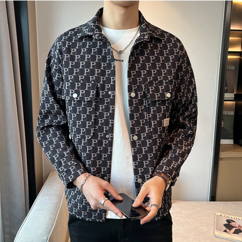 Korean Fashion Letter Printed Jacket for Men Autumn Multi Pocket Lapel Casual Shirt Jackets Versatile Casual Youth Outwear Coats