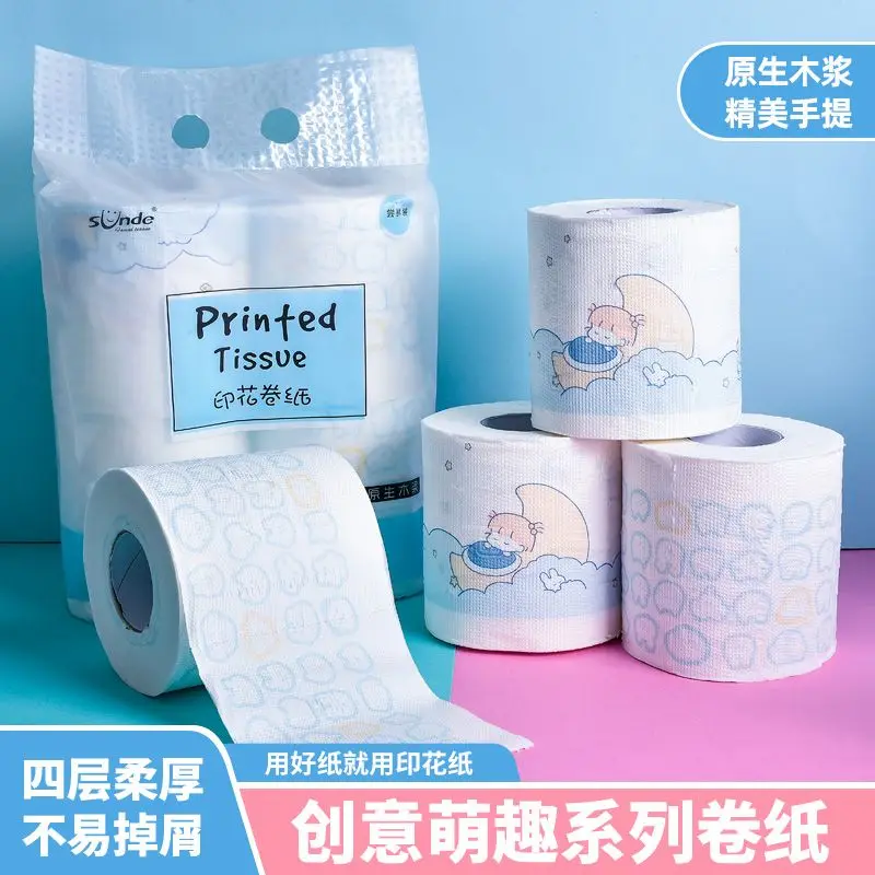 

4 Rolls Toilet Paper Cute Cartoon Printed Virgin Wood Pulp Soft 4 Layers Household Cored Rolls Toilet Tissue Disposable Supplies