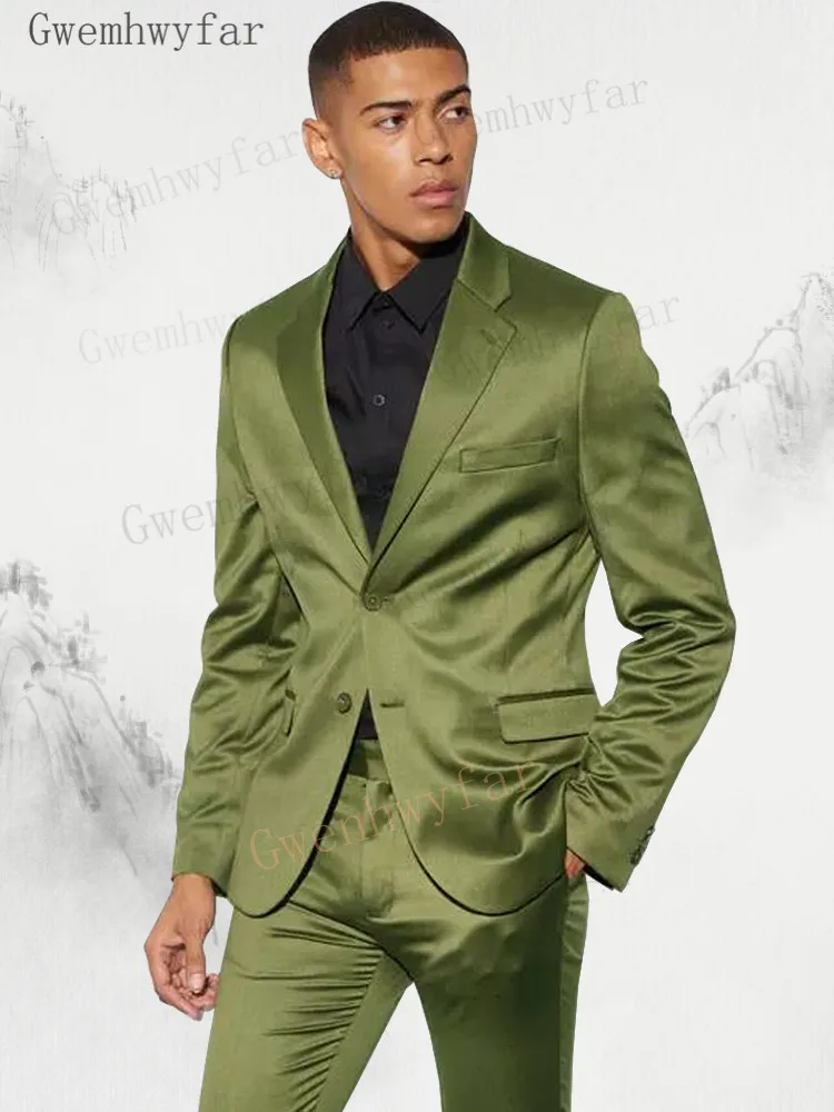 

Gwenhwyfar Army Green Satin Notch Lapel Men Suits Costume Homme Wedding Tuxedo Terno Masculino Slim Fit Groom Prom Party 2 Pcs