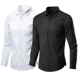 Fashion Classic Solid Shirts For Men Summer Long Sleeve Basic Business Shirts Turn-Down Collar Male Casual Slim Shirts Chic Tops