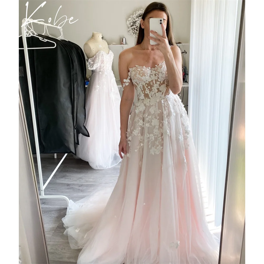 Kobe Lace A-Line Wedding Dress Strapless Floor-Length Wedding Dresses Sleeveless vestidos de noche Customized Formal Embroidery