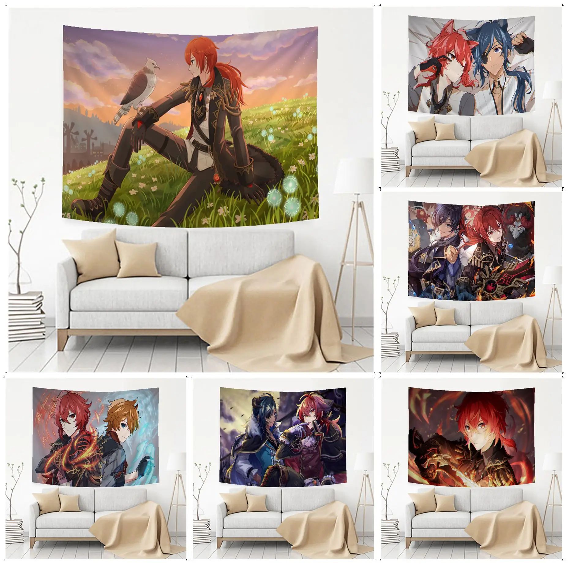 

Genshin Impact Diluc Anime Tapestry For Living Room Home Dorm Decor Home Decor
