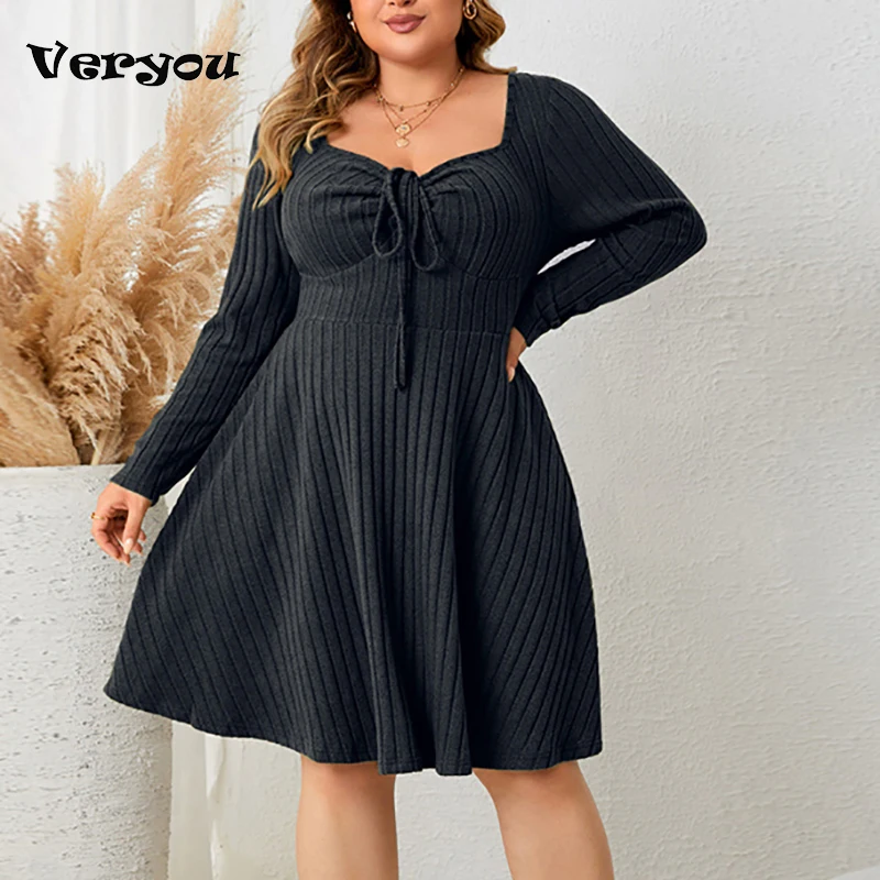 Women Plus Size Dress Fashion Solid Know Lace Up Knitted Sweater Dress Women Casual Solid Party Dress Green Black Gray