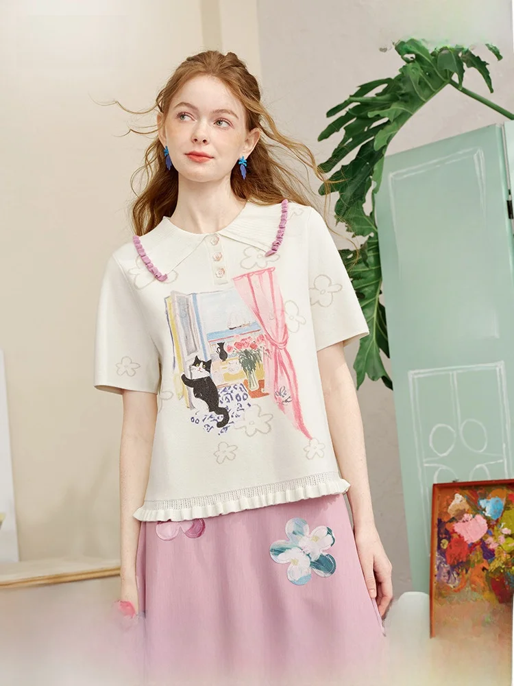 

Retro Print Knitted irt Collar Women's Faion Summer New Sle Tee Two Things Wind Blows Curtain Moves 2026