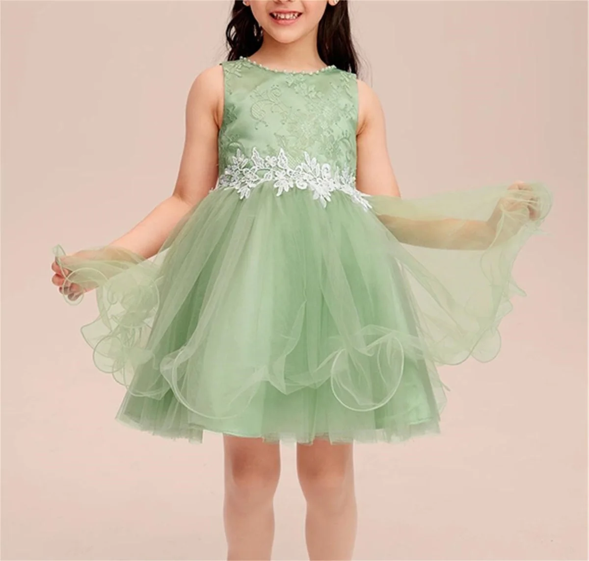 

Wedding Flower Girl Dress Round Neck Sleeveless Tulle Puffy Skirt Green White Lace Back Custom Color Size Vestidos Para Niñas