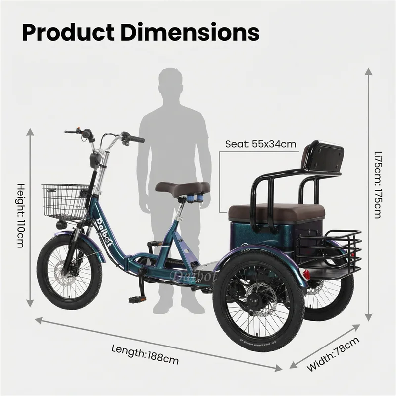 3-Rad-Elektrofahrrad 2-Sitzer für Erwachsene 650W Eltern-Kind-Elektrodreirad mit Rücksitz, faltbares Elektrofahrrad für Senioren – Detail 6