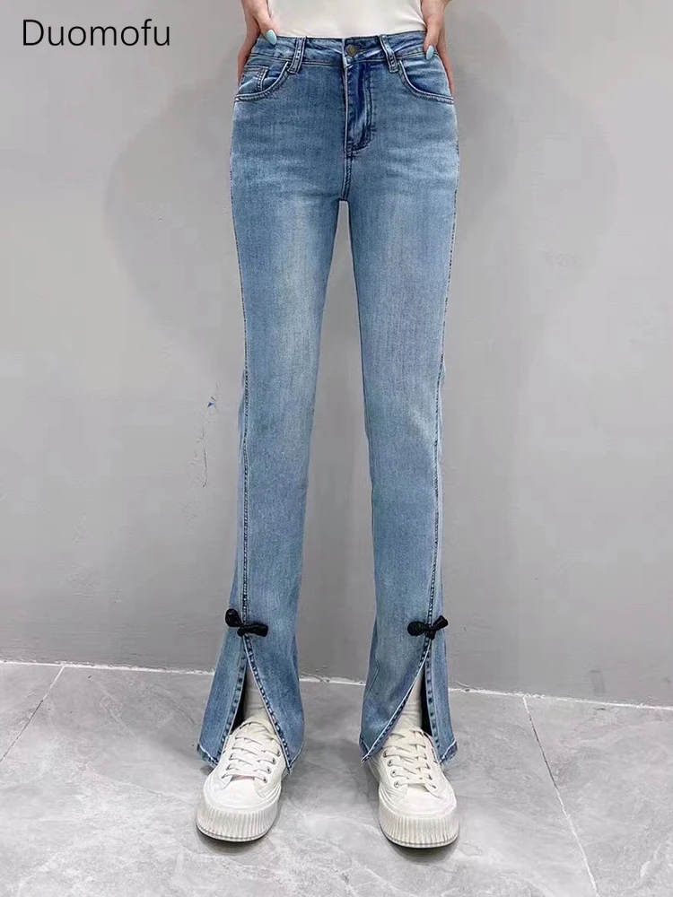 Duomofu Vintage Light Blue Elastic High Waist Slim Female Jeans Summer Chicly Split Fashion Flare Full Length Simple Women Jeans