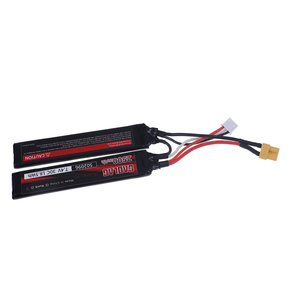 Lipo 7.4v 2500mAh 30C Batteria per pistola ad acqua con connessione divisa/Caricatore 7.4V per Mini Airsoft BB Pistola ad aria compressa Giocattoli elettrici Pistole Parti