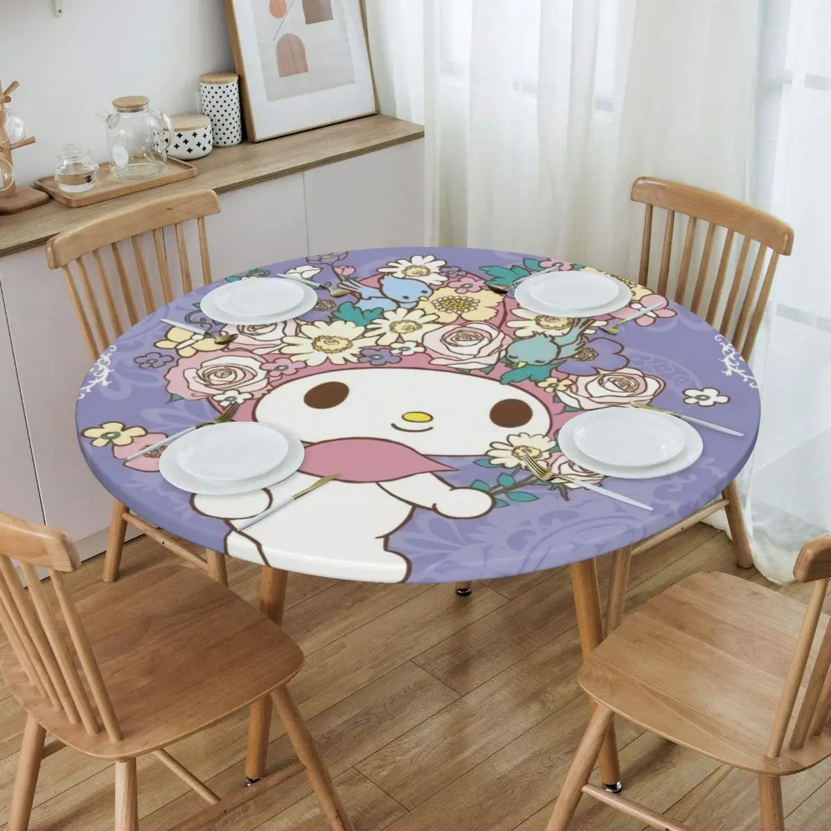 Round Oilproof Cartoon My Melody Sanrio Japan Anime Table Cover Elastic Fitted Table Cloth Backed Edge Tablecloth for Picnic