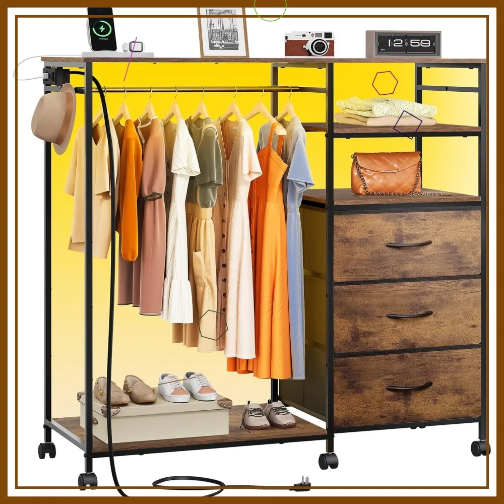42'' LED Dresser with Charging Station, 3 Drawers & Hanging Rack, Fabric Storage Organizer with Open Shelves, Brown
