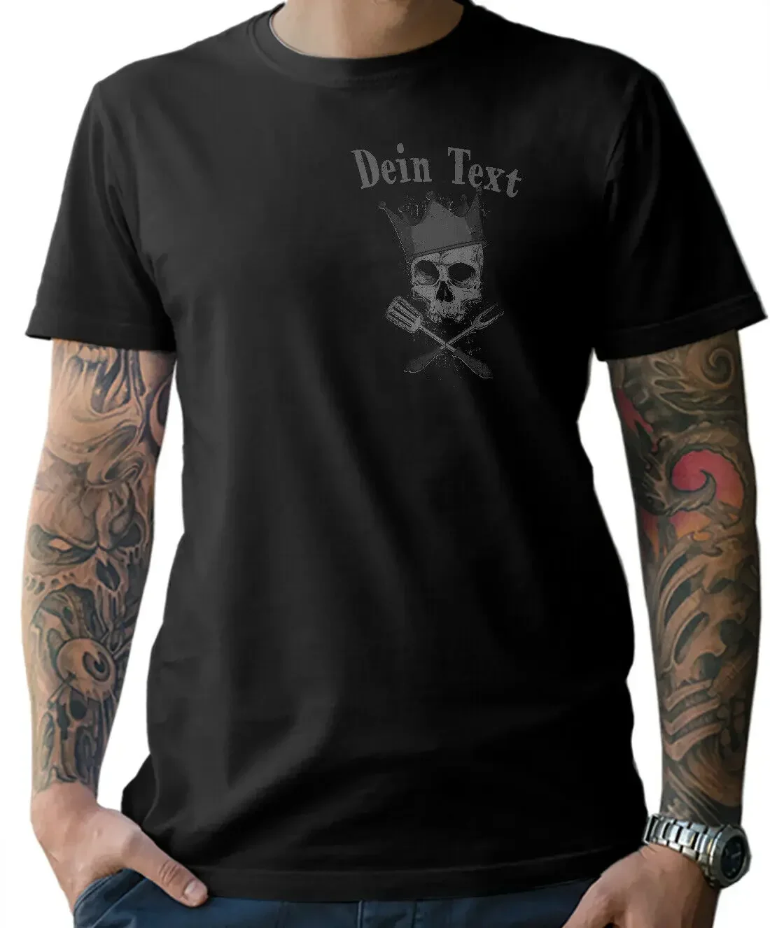 

BBQ Skull Own Desired Text with Name Chef Skull Griller T-Shirt Short Sleeve Casual 100% Cotton O-Neck T Shirt