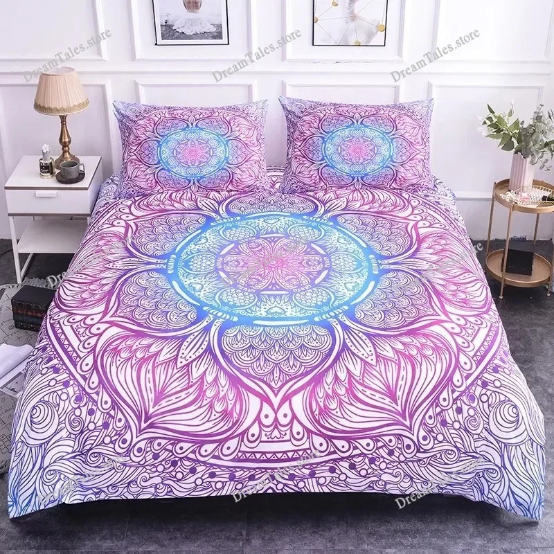Mandala Lotus Flower Blue Purple Pink Bohemian Mandala Style Style Duvet Cover Pillow Case Bedding Set Quilt Cover Double Bed