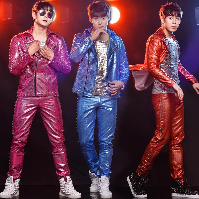 New Men's Performance DJ Street Dance Coats Clothes Male Singer Motorcycle Rivet Leather Jackets Hip Hop Fashion Suit Pants Set