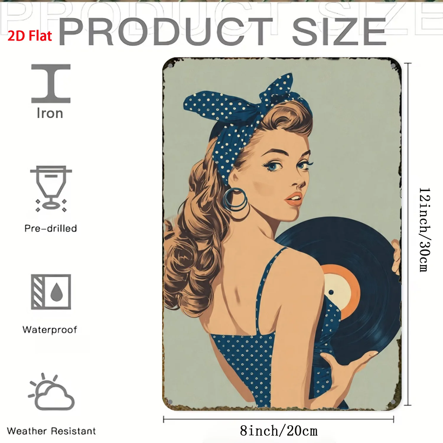 Vintage Metal Tin Sign Pin-up Girl With Vinyl Record Retro Music Lady Wall Decor Bar Cafe Man Cave Art Plaque