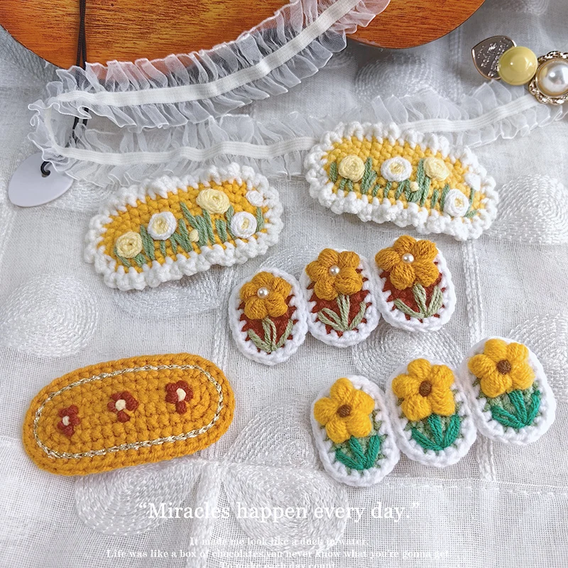 New Wool Knitted Flower Embroidery Barrettes Crochet Handmade Hairpin Side Bangs Clip Children's Hair Clip