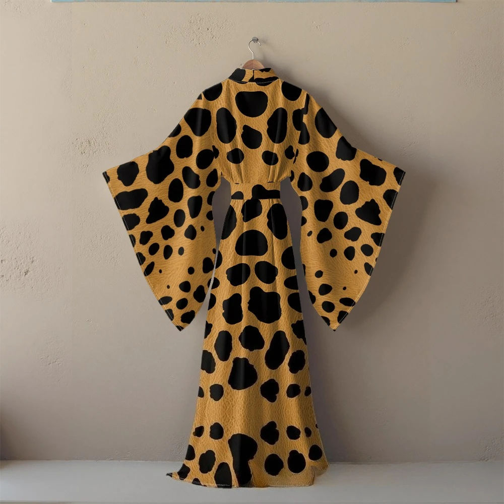 Vestido tipo kimono con estampado de leopardo para mujer, bata de manga larga, estilo ajustado, informal, Maxi, bohemio, elegante, para cubrir la playa, ropa de resort