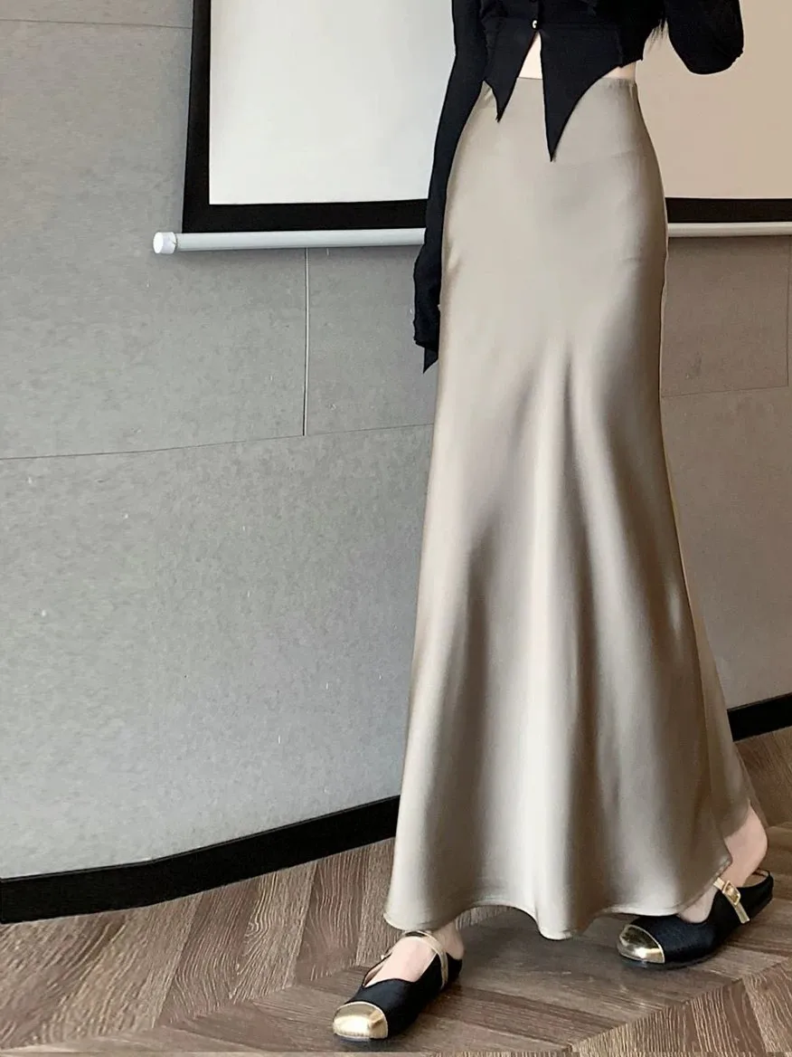 Champagne Color Acetate Satin Long Drapey High Waist Women's Skirt Spring Summer A-Line Fish Tail Gown Elegant Fit And Flare
