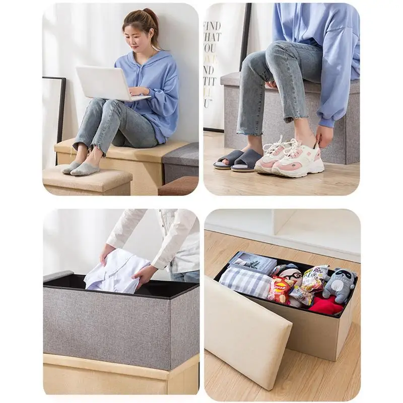 Ottoman Bench Seat Foldable Fabric Chest Seat Shoes Bench Storage Bin Box Cotton Linen Large-Capacity Multifunctional For Toys