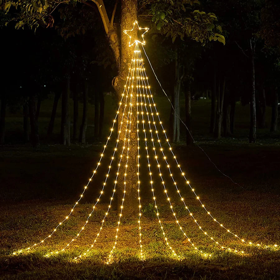 

Tirvose 9x2M 193LEDs Christmas Decoration Stars String Lights Outdoor 8 Modes Fairy Garden Lights Holiday Garland with Top Star