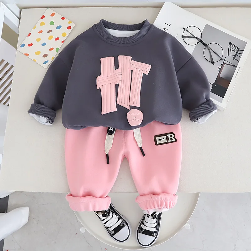 2024 Boys Sweatshirt Sets Children Round Neck Warm Suit Spring Autumn New Kids Fashion Leisure Letters Two-Piece 12M-5 Years Old